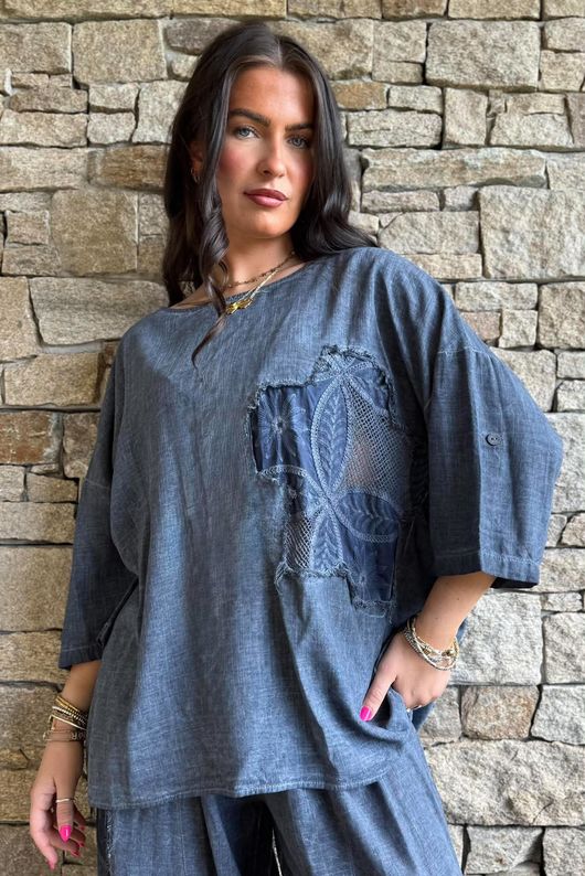 Lindin Linen Blend Crochet Flower Top Washed Navy